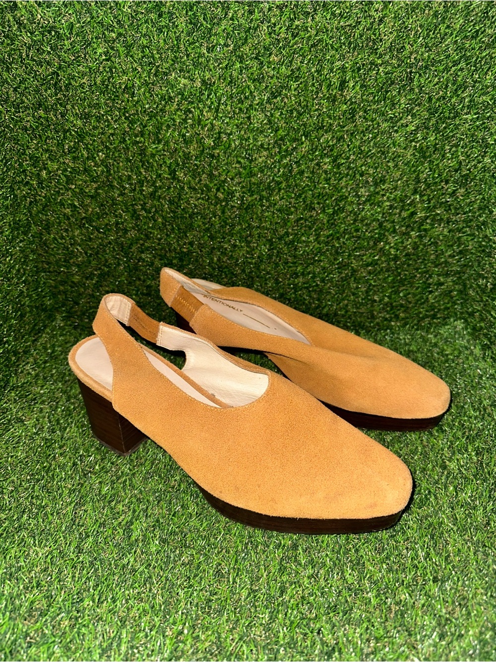 Intentionally Blank Lotus Sling Camel Suede Block Heel Shoes